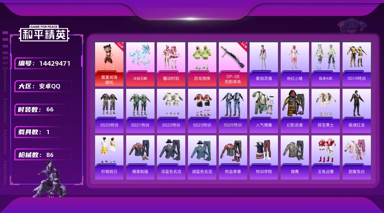 和平精英账号安卓QQ[14429471]【店主推荐捡漏号！可直接换绑】/素材身法号 安卓 手Q-1神装-2粉装-2特效枪-1载具-4粉色飞行器-2.7w热力值-2王牌印记-66套装-86枪皮【红色神装等级】：魔童闹海-哪