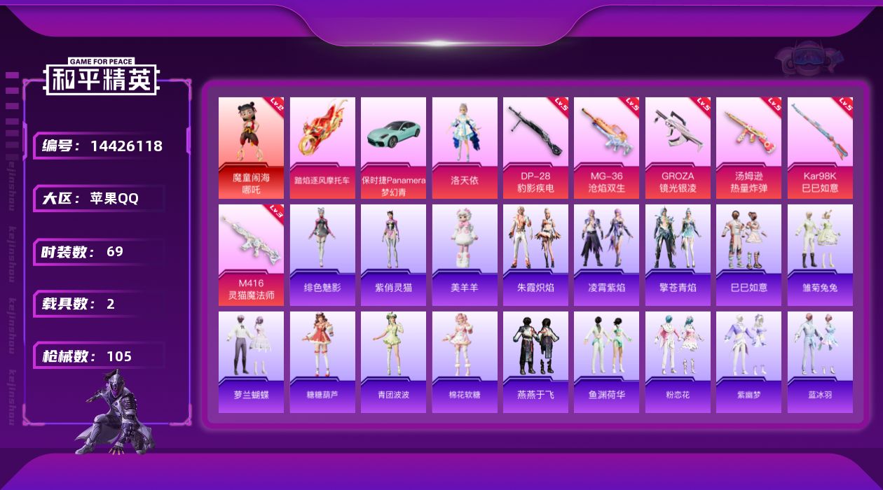 和平精英账号苹果QQ[14426118]DAS8107可二次苹果Q-1红装2载具1粉装7特效枪69套装105枪皮 35886热力值 6印记 历史绝世王牌18星  魔童闹海-哪吒 (2级) 洛天依  M416-灵猫魔法师 