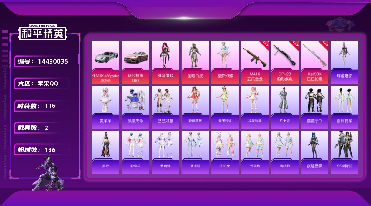 和平精英账号苹果QQ[14430035]【店主推荐捡漏号！可直接换绑】苹果 手Q-3粉装-3特效枪-2载具-2粉色飞行器-4.3w热力值-8王牌印记-116套装-136枪皮【热门品类】：套装-浪漫天命，套装-动感兔斯基人