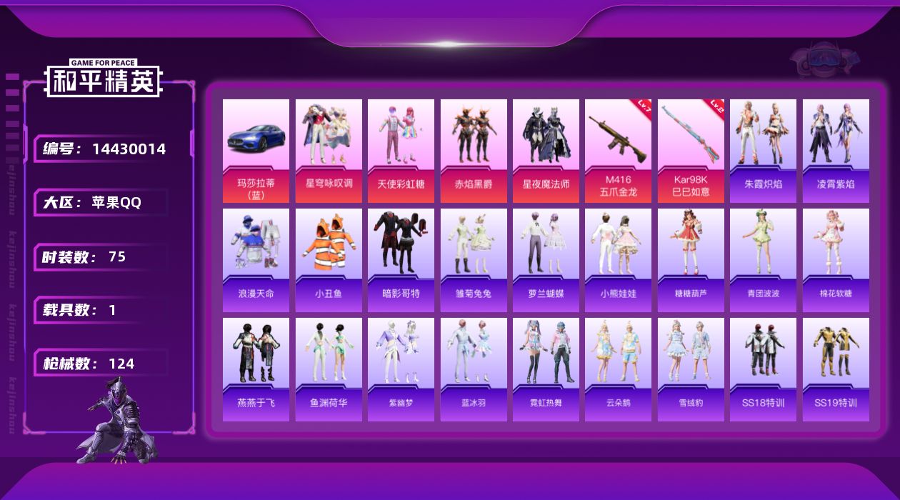 和平精英账号苹果QQ[14430014]【店主推荐捡漏号！可直接换绑】/老木乃伊 苹果 手Q-4粉装-2特效枪-1载具-1粉色飞行器-3.6w热力值-10王牌印记-75套装-124枪皮【热门品类】：套装-浪漫天命，套装-