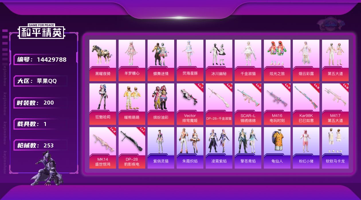 和平精英账号苹果QQ[14429788]可二次【店主推荐捡漏号！可直接换绑】/素材身法号/璀璨碎片1200/扭蛋碎片980 苹果 手Q-12粉装-8特效枪-1载具-12粉色飞行器-8.7w热力值-16王牌印记-200套装