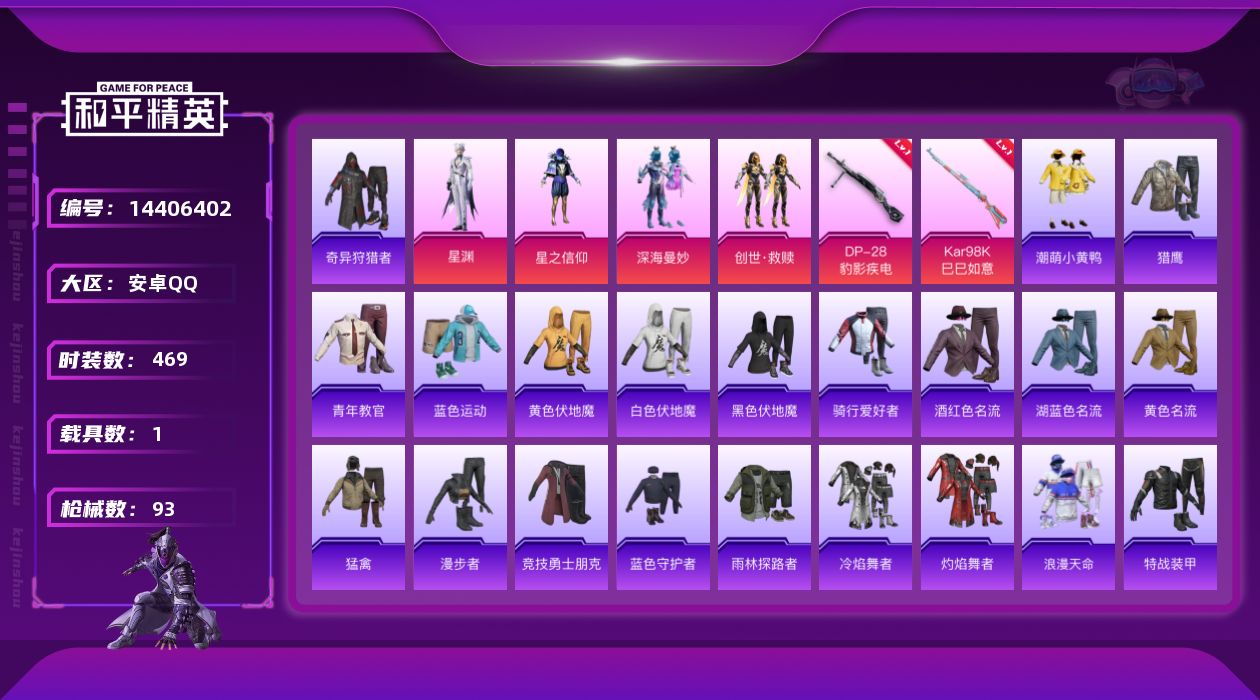 和平精英账号安卓QQ[14406402]4粉装 2特效枪 1载具 1印记 可二次 可修改实名 
【热门装扮】:奇异狩猎者