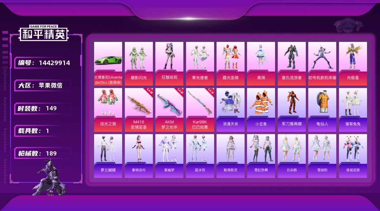 和平精英账号苹果微信[14429914]素材身法号/老木乃伊/无敌战神框1/绝世印记5/地铁满天赋 苹果 微信-无敌战神框-9粉装-3特效枪-1载具-4粉色飞行器-6.3w热力值-19王牌印记-149套装-189枪皮【热