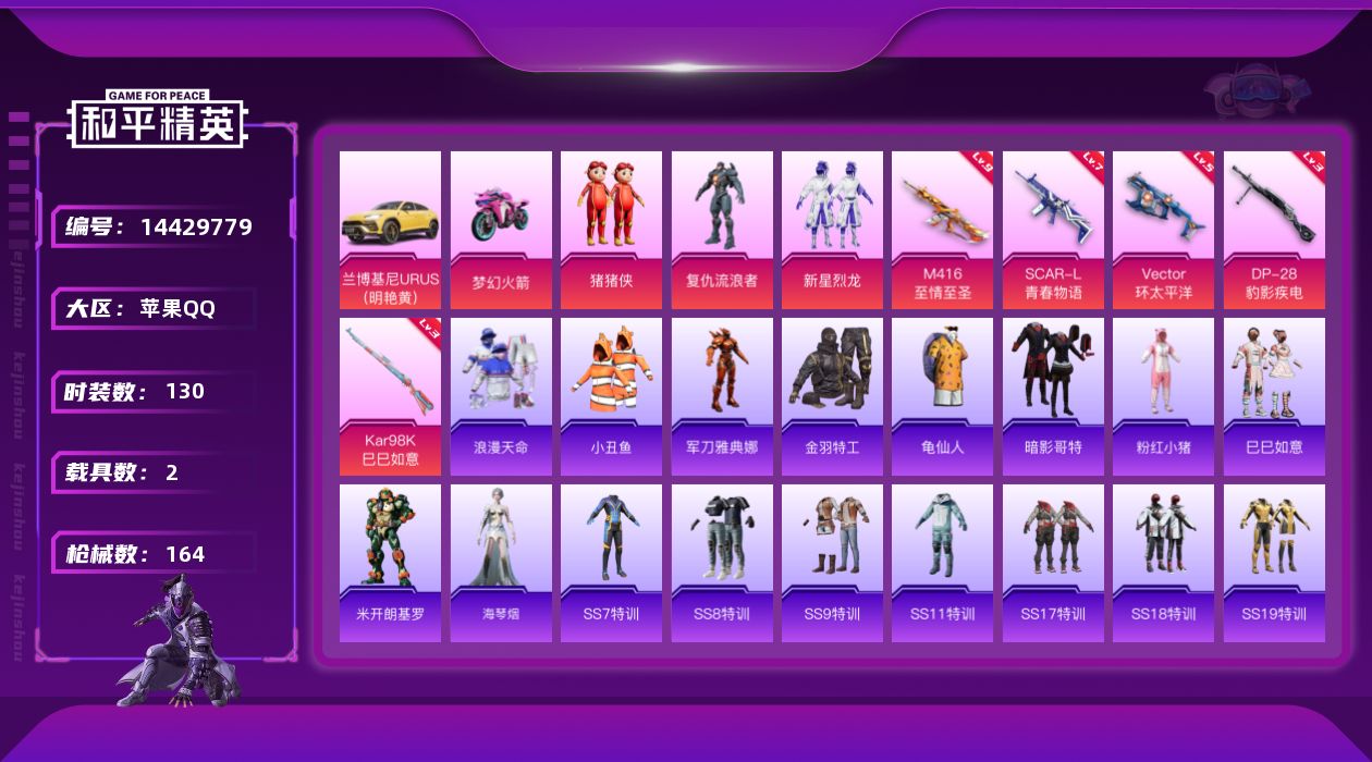 和平精英账号苹果QQ[14429779]可二次【店主推荐捡漏号！可直接换绑】/素材身法号/M416-至情至圣(九级) 苹果 手Q-4粉装-5特效枪-2载具-3粉色飞行器-6w热力值-14王牌印记-130套装-164枪皮【