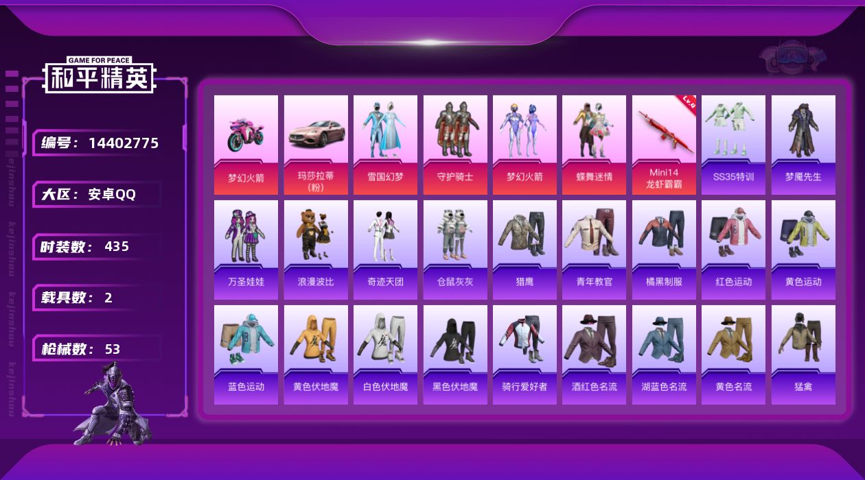 和平精英账号安卓QQ[14402775]4粉装 1特效枪 2载具 可二次 可修改实名 
【热门装扮】:梦幻火箭(新101