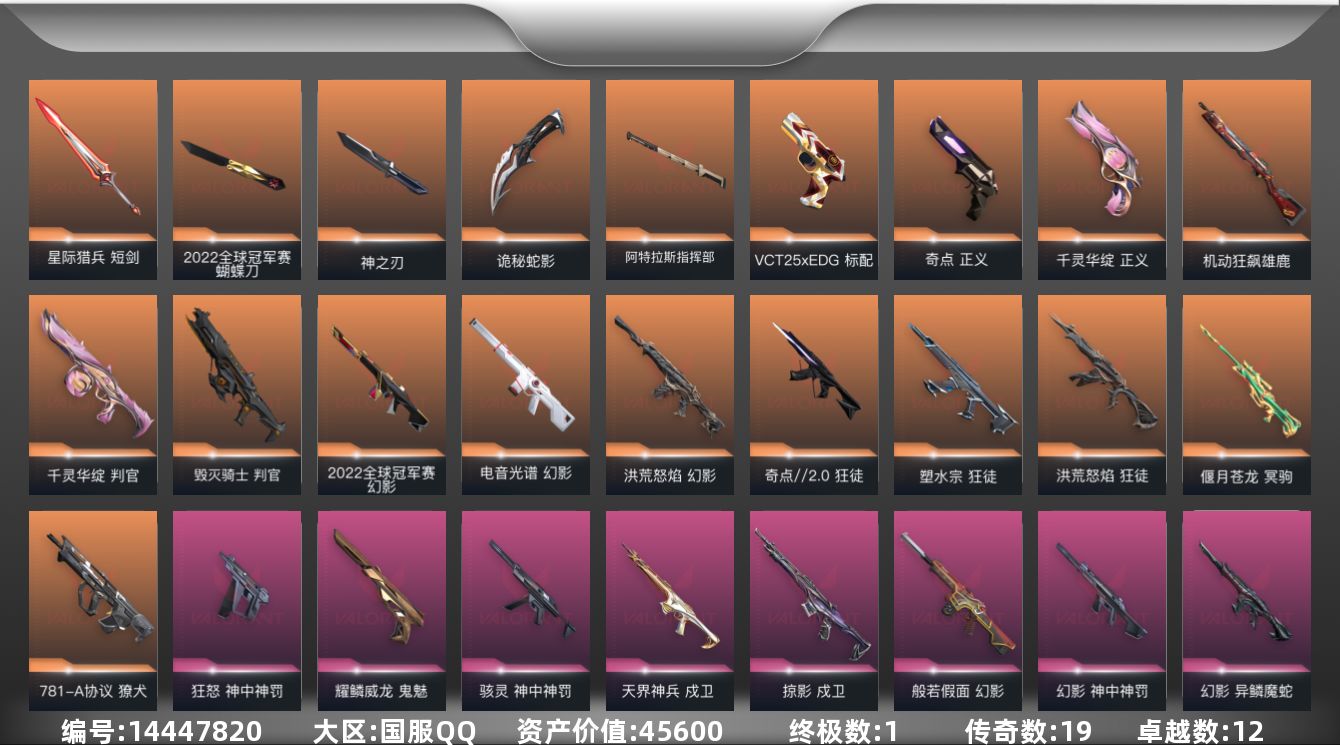 无畏契约账号QQ[14447820]19橙皮 1金皮 12紫皮 81皮肤 17英雄 92卡面 825已用源晶 黄金段