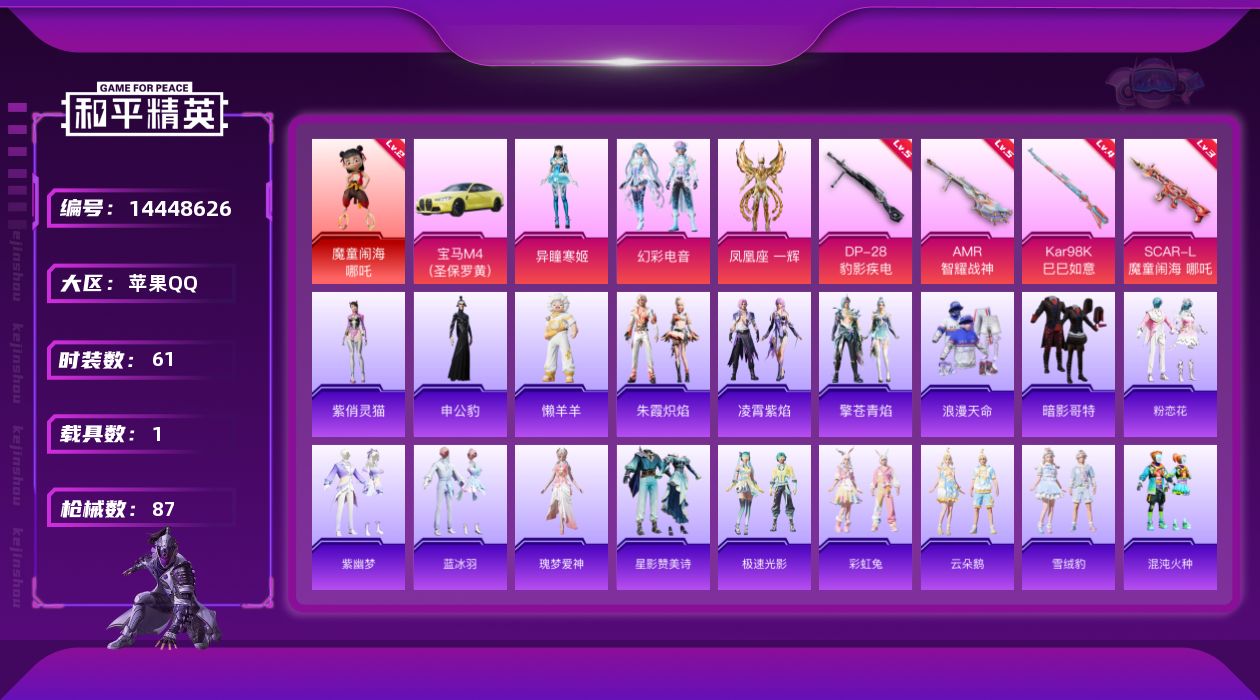 和平精英账号苹果QQ[14448626]DAS8126 包人脸苹果Q-1红装1稀有1载具3粉装4特效枪4热门61套装87