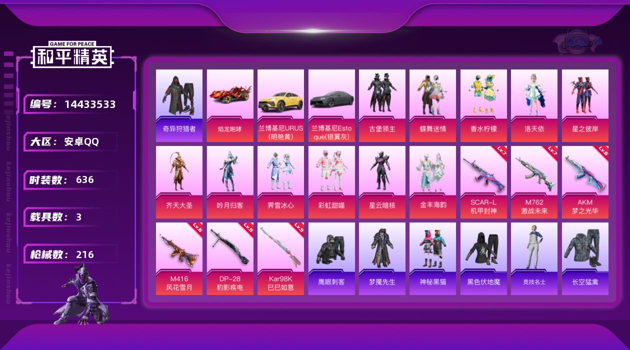 和平精英账号安卓QQ11粉装 6特效枪 3载具 15印记 可二次 可修改实名 
【热门装扮】:奇异狩猎者,洛天依,蝶舞迷