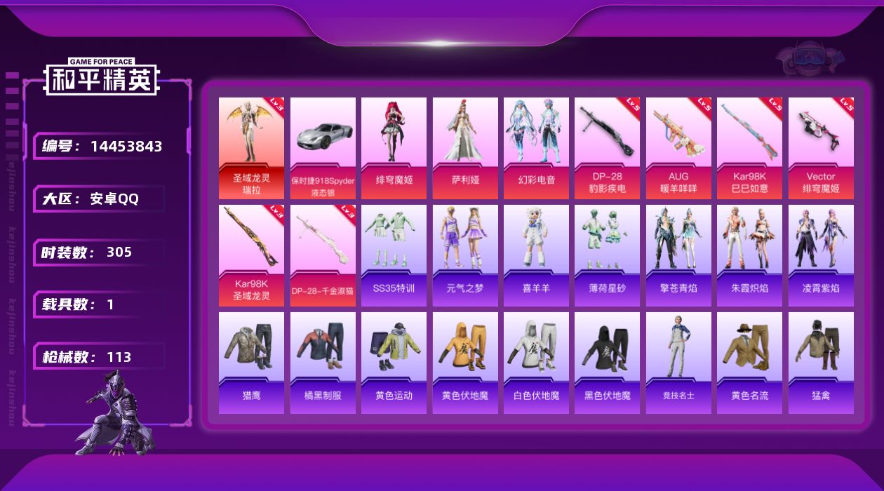 和平精英账号安卓QQ[14453843]1红装 3粉装 6特效枪 1载具 5印记 可二次 可修改实名 
【三级神装】:三