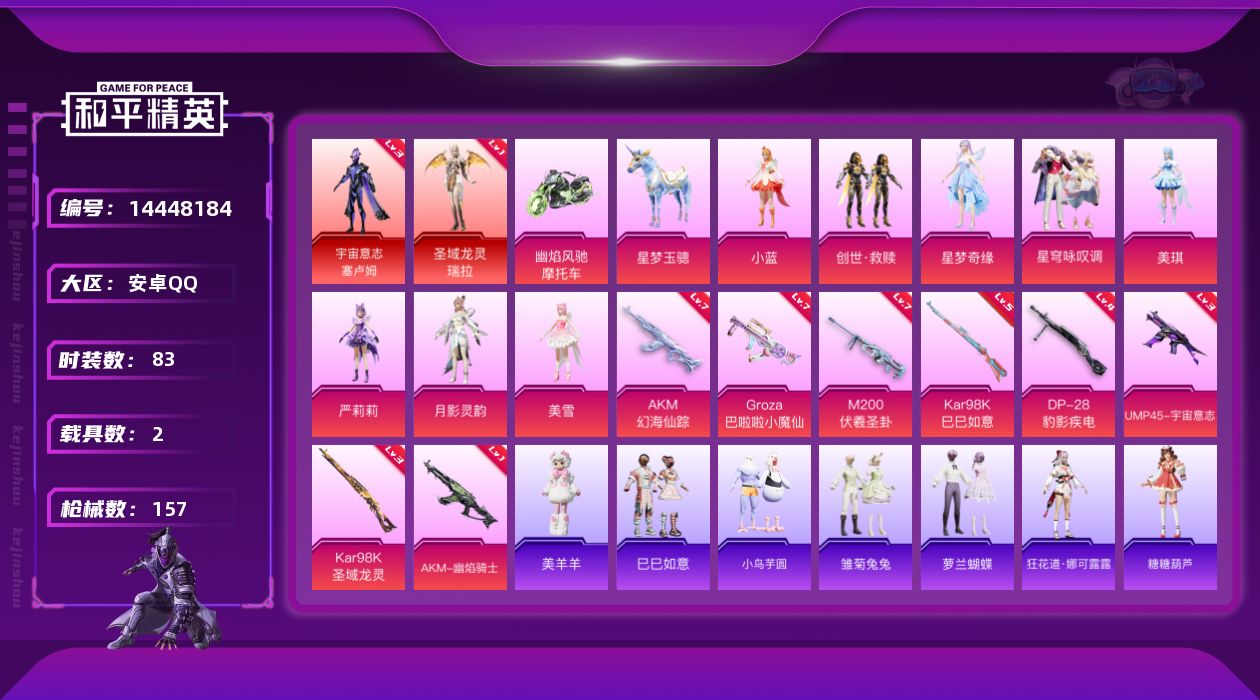 和平精英账号安卓QQ[14448184]DAS7738 可二次 安卓Q-2红装2载具8粉装9特效枪1热门83套装157枪