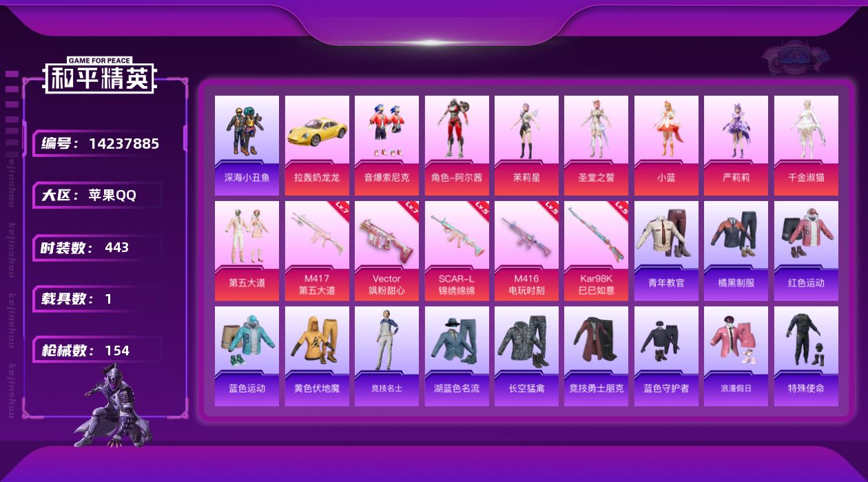 和平精英账号苹果QQ1载具-133套装-154枪皮-8粉装 5特效枪 1载具 11印记 可二次 可修改实名 
【热门装扮