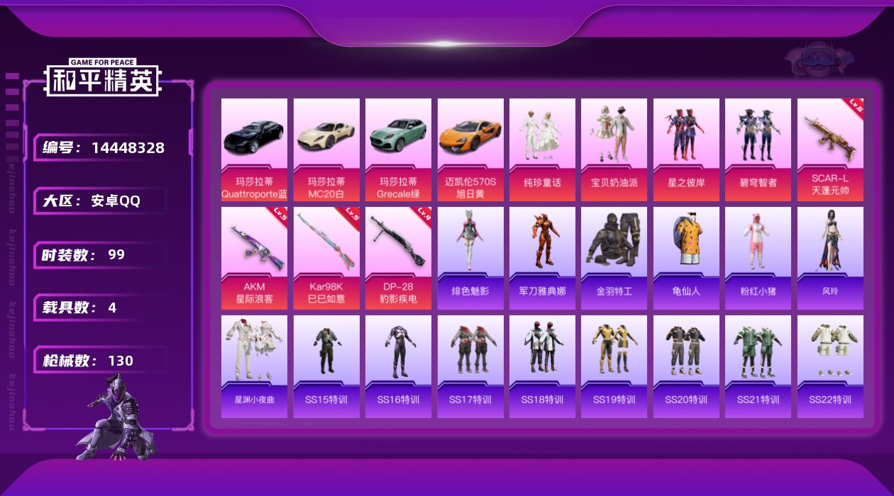 和平精英账号安卓QQ[14448328]DAS8123 可二次安卓Q-1稀有4载具5粉装4特效枪9热门99套装130枪皮