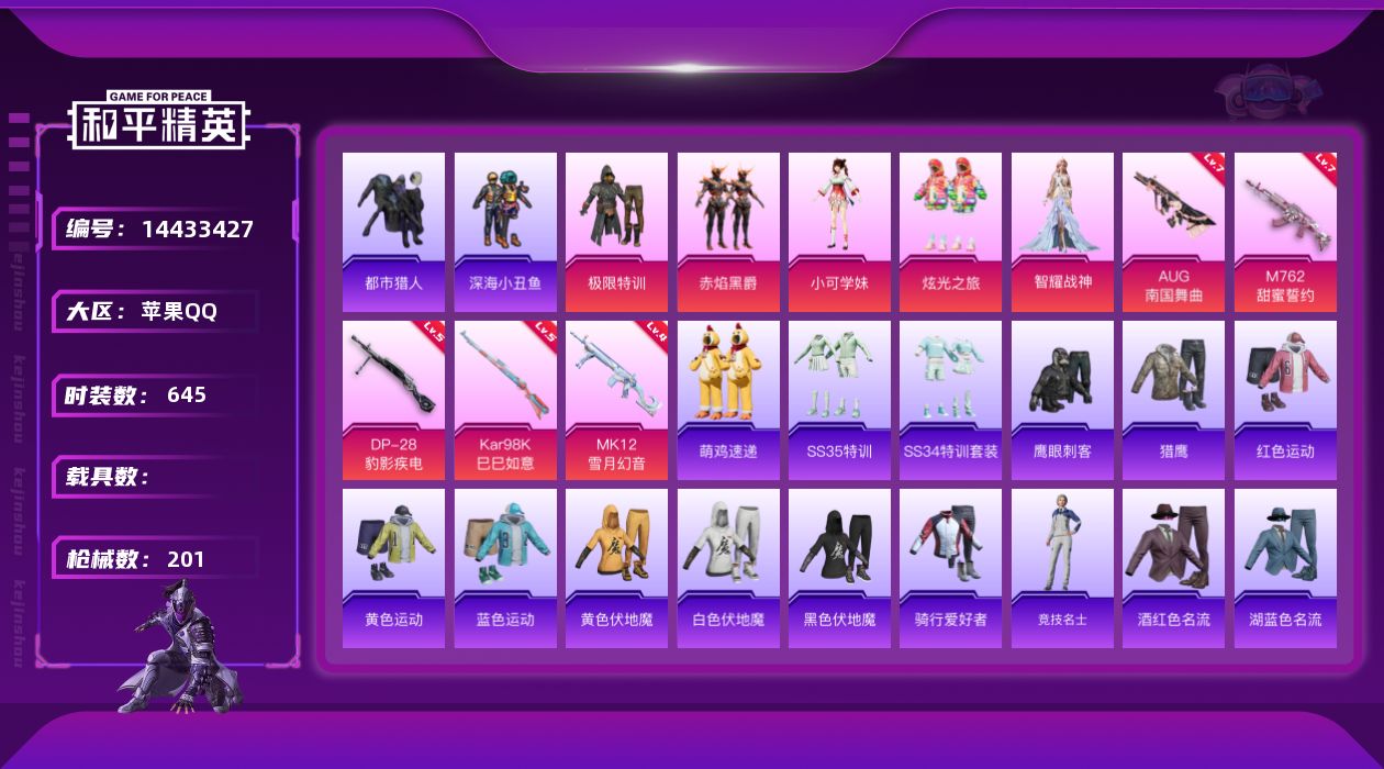 和平精英账号苹果QQ[14433427]5粉装 5特效枪 9印记 可二次 可修改实名 
【热门装扮】:智耀战神,极限特训