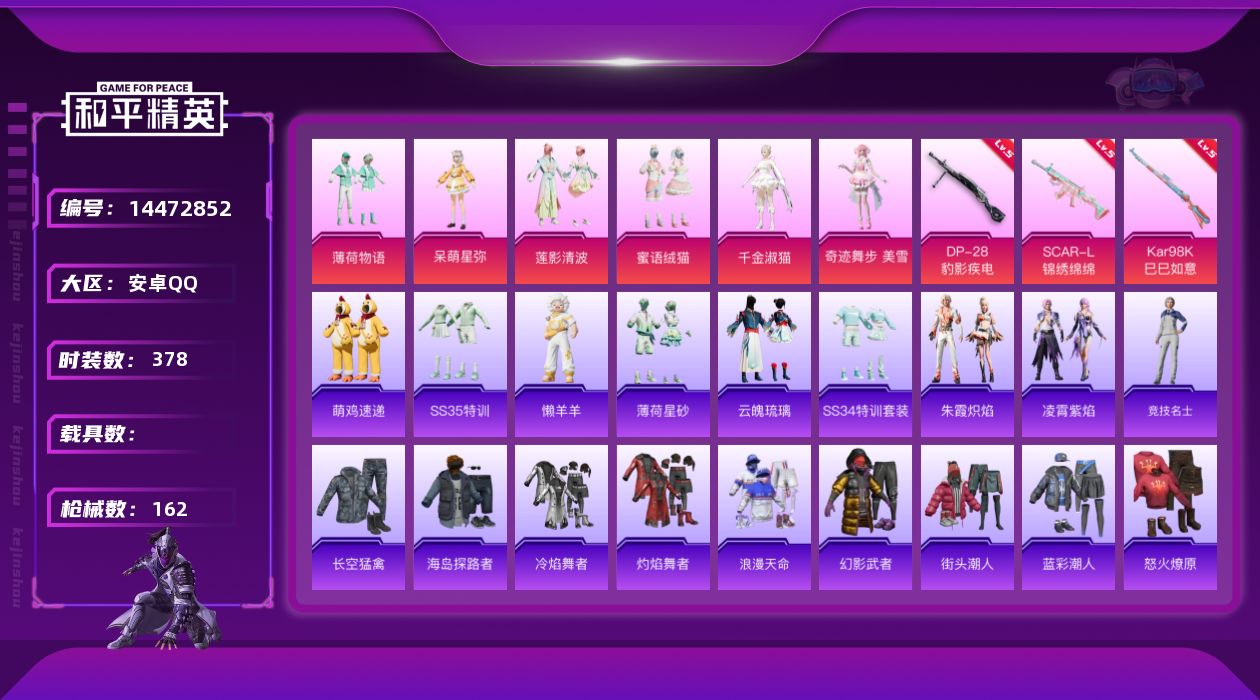 和平精英账号安卓QQ[14472852]6粉装 3特效枪 8印记 可二次 可修改实名 
【热门装扮】:奇迹舞步-美雪,千