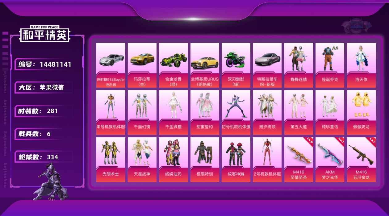 和平精英账号苹果微信[14481141]"DF112苹果V-7稀有6载具18粉装8特效枪26热门281套装334枪皮 117965热力值 21印记 历史无敌战神  S1赛事 S1赛事裤 S1赛事外套 巡查衣 都市猎人 派