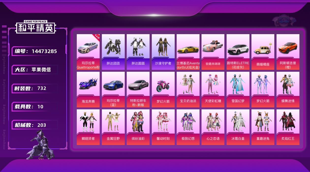 和平精英账号苹果微信[14473285]43粉装 7特效枪 10载具 11印记 可二次 可修改实名 
【热门装扮】:2号