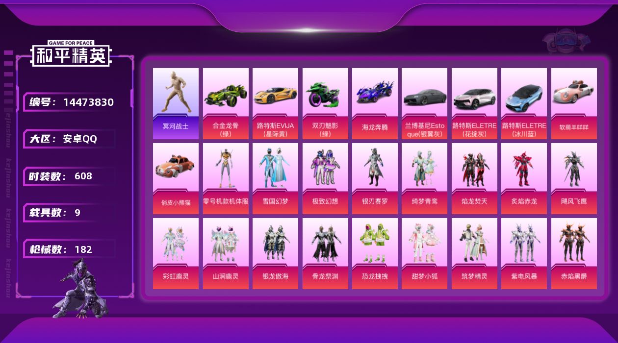 和平精英账号安卓QQ0AL5NA9普通载具22粉装7粉枪

特殊装备【冥河战士,零号机款机体服,】
路特斯ELET