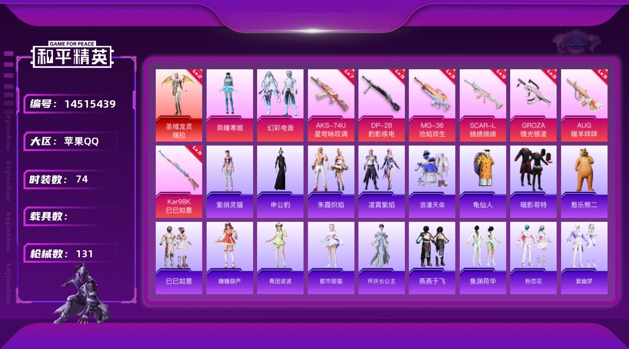 和平精英账号苹果QQ[14515439]【店主推荐捡漏号！可直接换绑】/素材身法号/地铁满天赋  苹果 手Q-1神装-2粉装-8特效枪-1粉色飞行器-3.6w热力值-1王牌印记-74套装-131枪皮【红色神装等级】：圣域