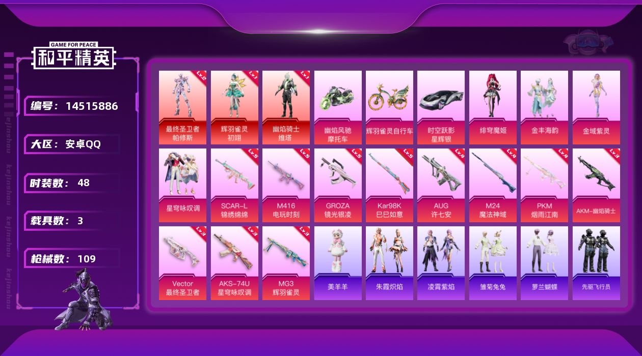 和平精英账号安卓QQ[14515886]可二次【店主推荐捡漏号！可直接换绑】/素材身法号/扭蛋碎片894/地铁满天赋 安卓 手Q-3神装-4粉装-12特效枪-3载具-6粉色飞行器-4w热力值-2王牌印记-48套装-109