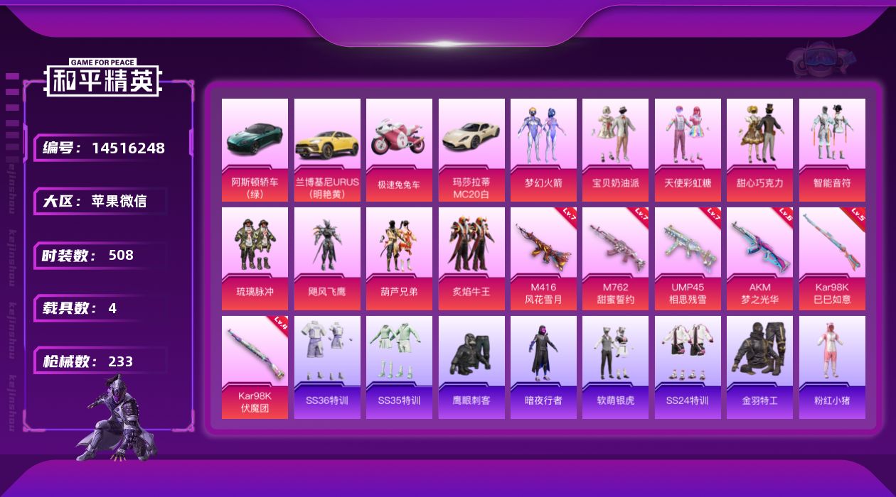 和平精英账号苹果微信[14516248]实名: 可修改 时装数: 138 载具数: 4 枪械数: 233 战备数: 13