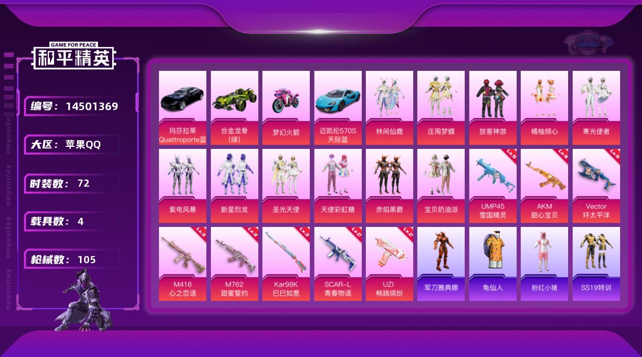 和平精英账号苹果QQW8995  可立即换绑无需挂单养号  苹果 手Q-11粉装-8特效枪-4载具-3粉色飞行器-401