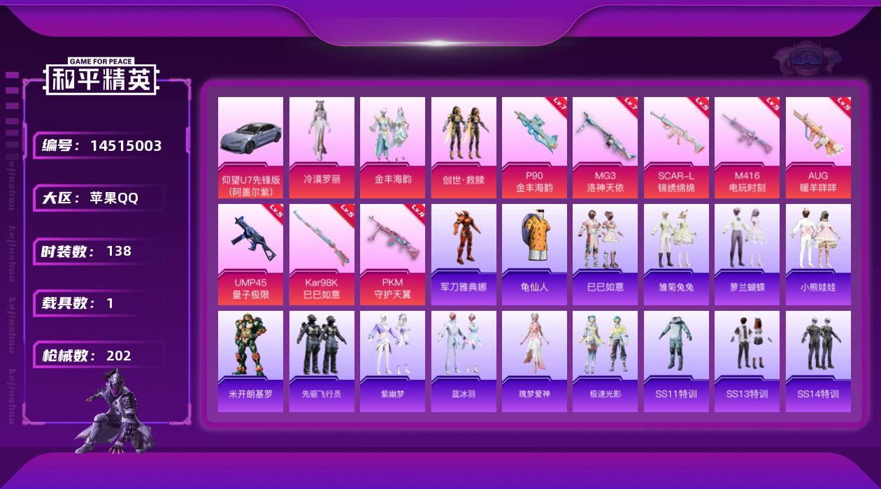 和平精英账号苹果QQW5466   可立即换绑无需挂单养号     苹果 手Q-3粉装-8特效枪-1载具-66398热力