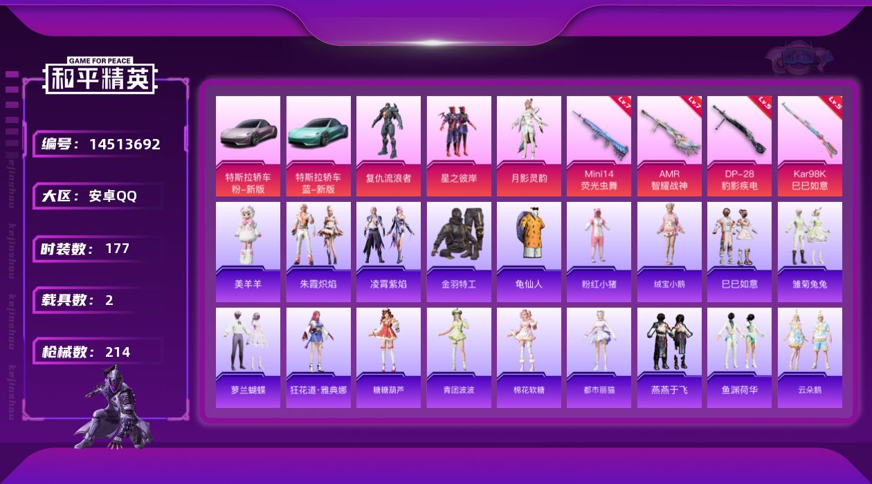 和平精英账号安卓QQ[14513692]可二次【店主推荐捡漏号！可直接换绑】 安卓 手Q-3粉装-4特效枪-2载具-6.7w热力值-10王牌印记-177套装-214枪皮【热门品类】：套装-金羽特工，套装-龟仙人，套装-浪