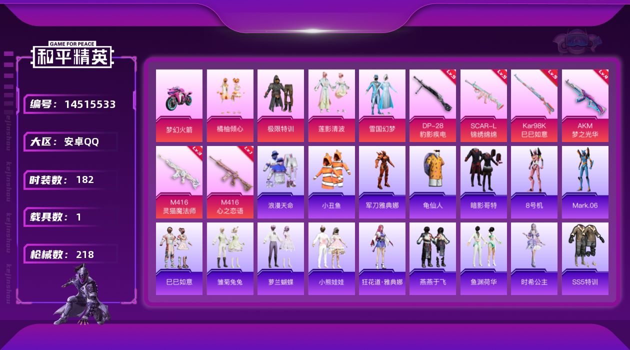和平精英账号安卓QQ[14515533]可二次【店主推荐捡漏号！可直接换绑】/素材身法号 安卓 手Q-5粉装-6特效枪-1载具-4粉色飞行器-7.2w热力值-18王牌印记-182套装-218枪皮【热门品类】：粉装-雪国幻
