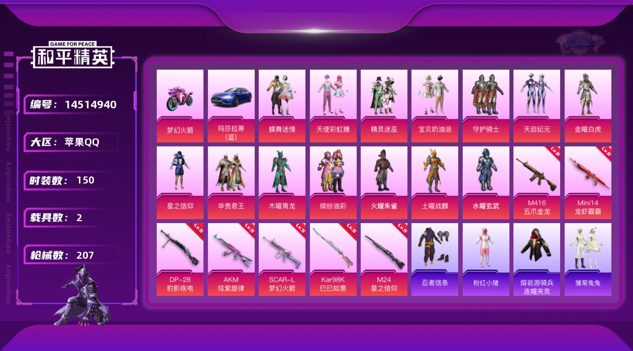 和平精英账号苹果QQ[14514940]【店主推荐捡漏号！可直接换绑】/素材身法号 苹果 手Q-15粉装-7特效枪-2载具-6粉色飞行器-8.5w热力值-7王牌印记-150套装-207枪皮【热门品类】：粉装-梦幻火箭，粉