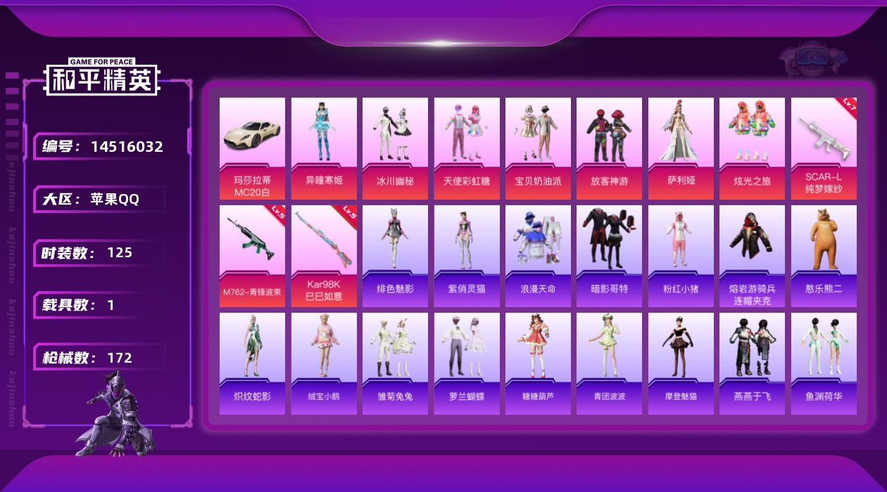 和平精英账号苹果QQ[14516032]【店主推荐捡漏号！可直接换绑】/素材身法号/绝世印记1/素材身法号 苹果 手Q-8粉装-3特效枪-1载具-3粉色飞行器-4.8w热力值-9王牌印记-125套装-172枪皮【热门品类