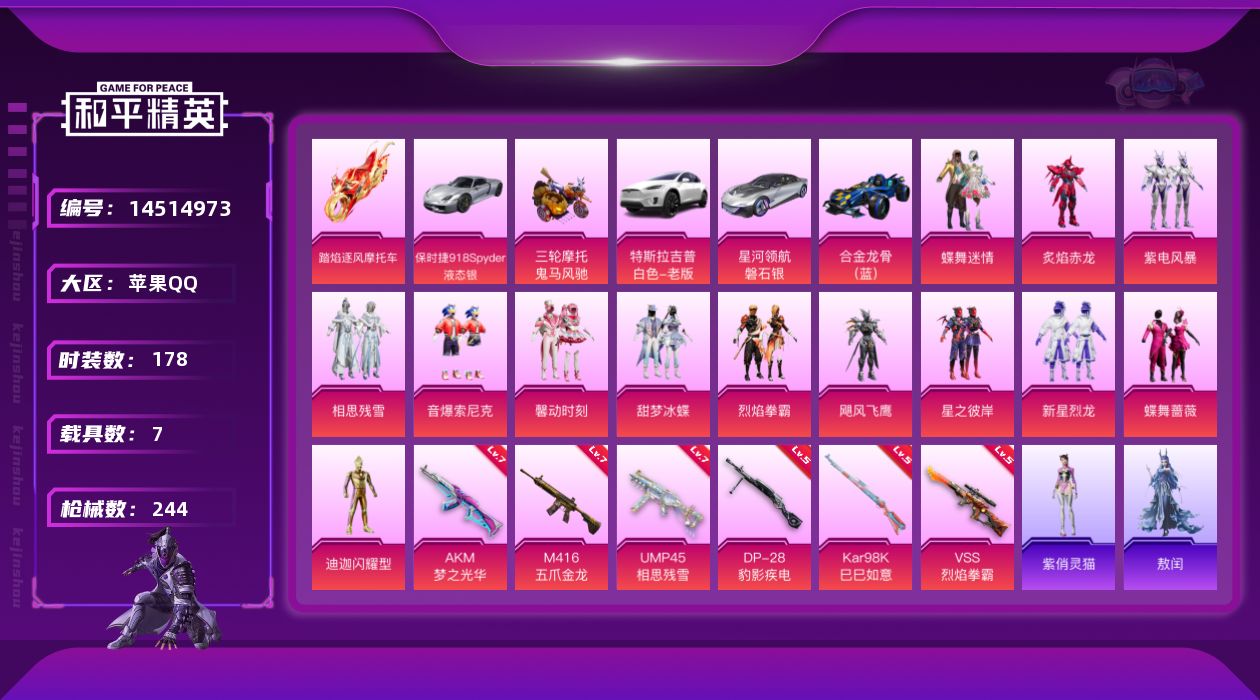 和平精英账号苹果QQ[14514973]可二次【店主推荐捡漏号！可直接换绑】/素材身法号 苹果 手Q-14粉装-6特效枪-7载具-4粉色飞行器-8.6w热力值-5王牌印记-178套装-244枪皮【热门品类】：粉装-梦幻火