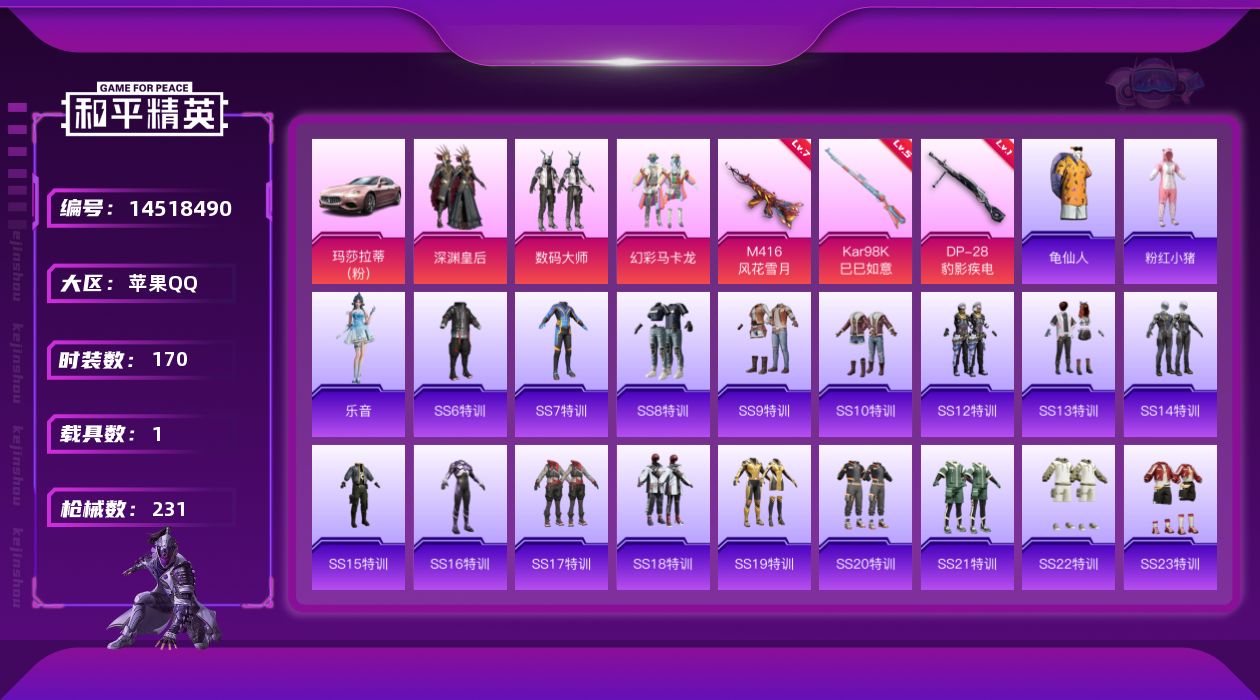 和平精英账号苹果QQ[14518490]可二次【店主推荐捡漏号！可直接换绑】 苹果 手Q-3粉装-3特效枪-1载具-1粉色飞行器-7.1w热力值-16王牌印记-170套装-231枪皮【热门品类】：套装-深海小丑鱼，套装-