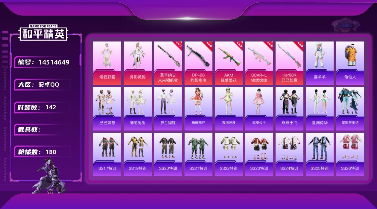 和平精英账号安卓QQ[14514649]可二次【店主推荐捡漏号！可直接换绑】 安卓 手Q-2粉装-5特效枪-1粉色飞行器-5.1w热力值-10王牌印记-142套装-180枪皮【热门品类】：套装-派对舞王，套装-深海小丑鱼