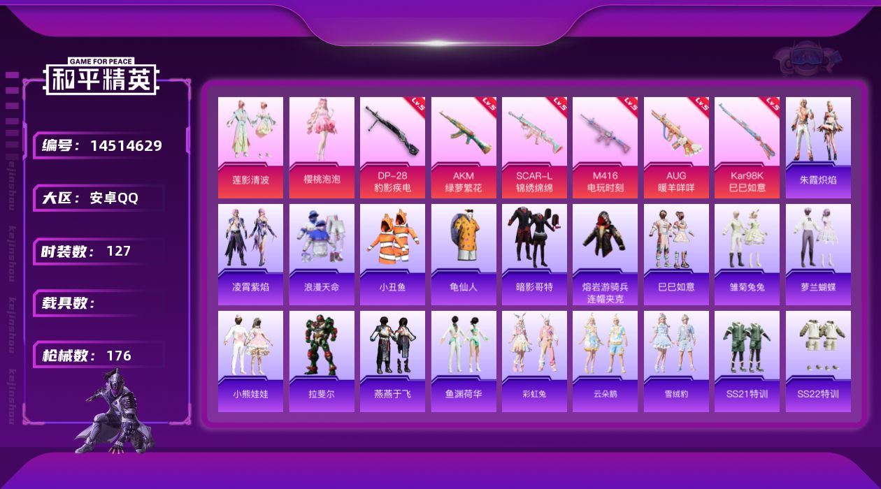 和平精英账号安卓QQ[14514629]【店主推荐捡漏号！可直接换绑】/绝世印记1/地铁满天赋 安卓 手Q-2粉装-6特效枪-2粉色飞行器-5w热力值-13王牌印记-127套装-176枪皮【热门品类】：套装-浪漫天命，套