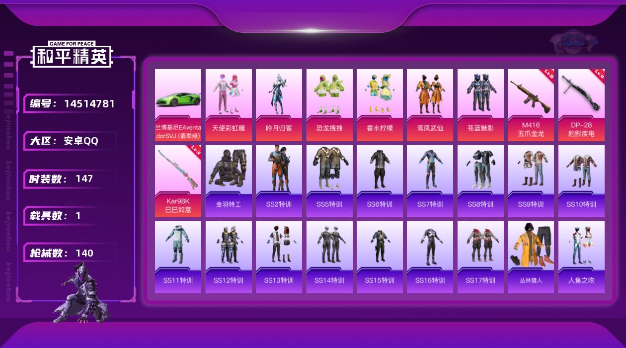 和平精英账号安卓QQ[14514781]【店主推荐捡漏号！可直接换绑】 安卓 手Q-6粉装-3特效枪-1载具-5.4w热力值-7王牌印记-147套装-140枪皮【热门品类】：套装-深海小丑鱼，套装-金羽特工【粉色载具】：