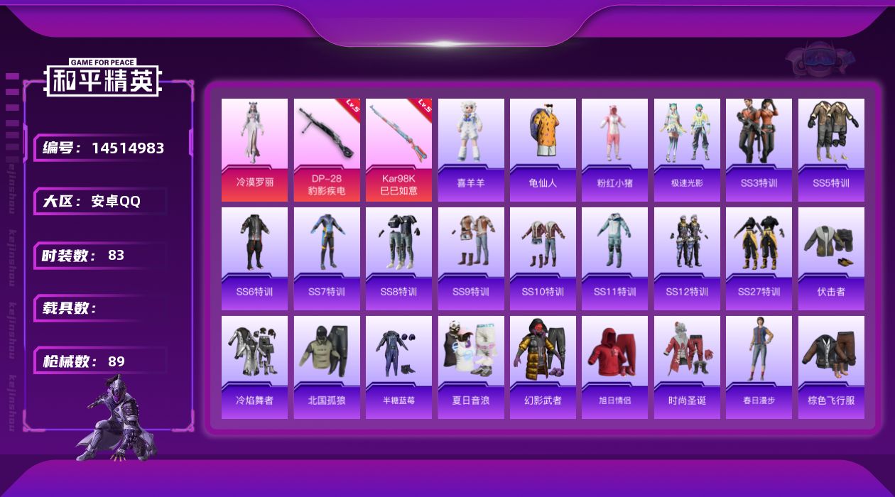 和平精英账号安卓QQ[14514983]【店主推荐捡漏号！可直接换绑】安卓 手Q-1粉装-2特效枪-1粉色飞行器-2.4w热力值-4王牌印记-83套装-89枪皮【热门品类】：套装-龟仙人，套装-粉红小猪【粉色套装】：角色