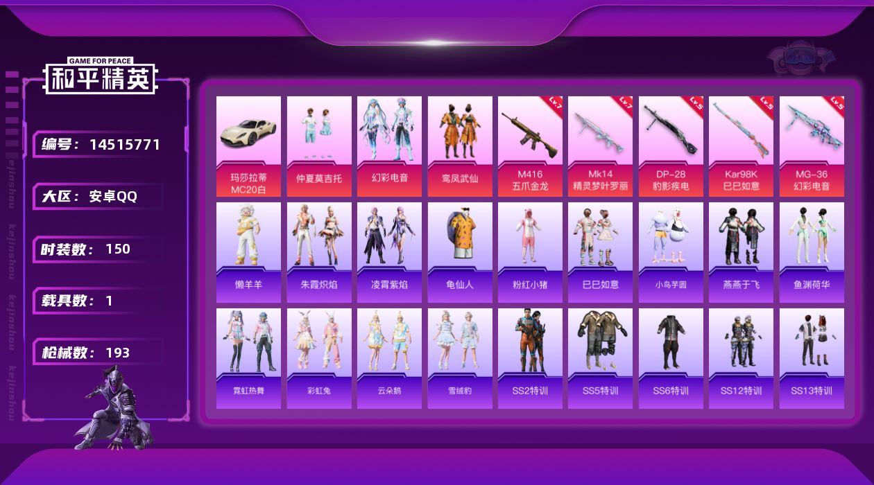 和平精英账号安卓QQ[14515771]【店主推荐捡漏号！可直接换绑】安卓 手Q-3粉装-5特效枪-1载具-2粉色飞行器-6.1w热力值-9王牌印记-150套装-193枪皮【热门品类】：套装-龟仙人，套装-粉红小猪【粉色