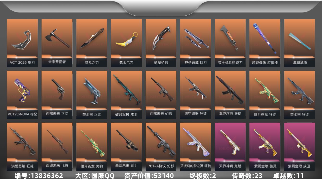 无畏契约账号QQ23橙皮 2金皮 11紫皮 98皮肤 18英雄 153卡面 1240已用源晶 未定级段位 
【套装】