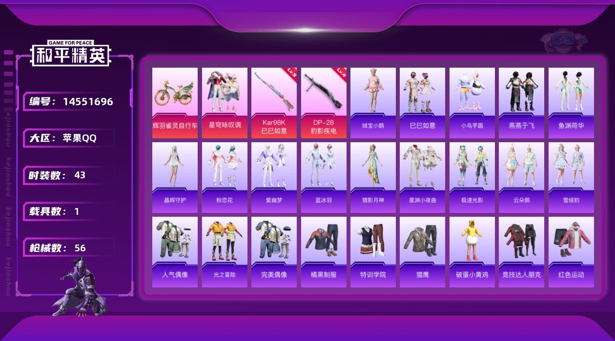 和平精英账号苹果QQ[14551696]【店主推荐捡漏号！可直接换绑】 苹果 手Q-1粉装-2特效枪-1载具-2粉色飞行器-1.6w热力值-2王牌印记-43套装-56枪皮【粉色载具】：辉羽雀灵自行车【粉色套装】：粉装-星