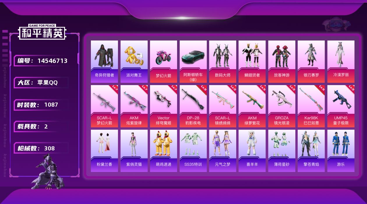 和平精英账号苹果QQ5粉装 9特效枪 2载具 13印记 可二次 可修改实名 战神框
【热门装扮】:奇异狩猎者,冷漠罗丽,