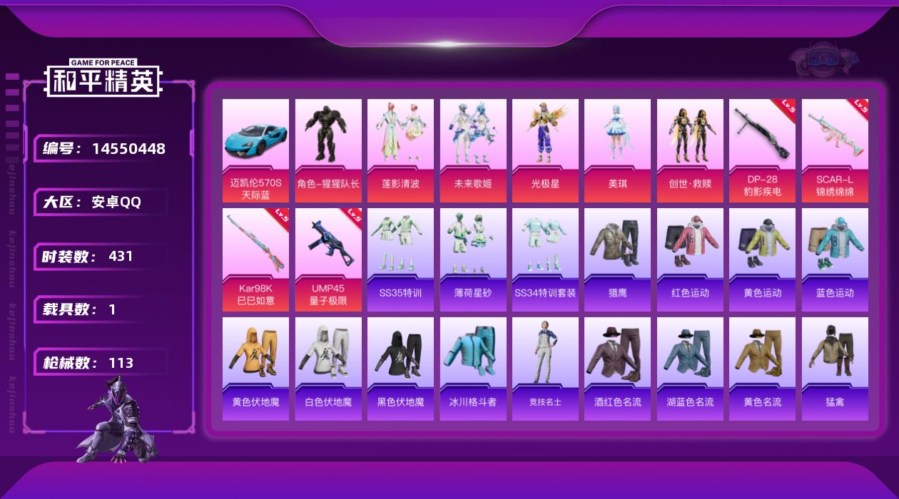 和平精英账号安卓QQ[14550448]6粉装 4特效枪 1.0载具 5印记 可二次 
【热门装扮】猩猩队长,莲影清波,
