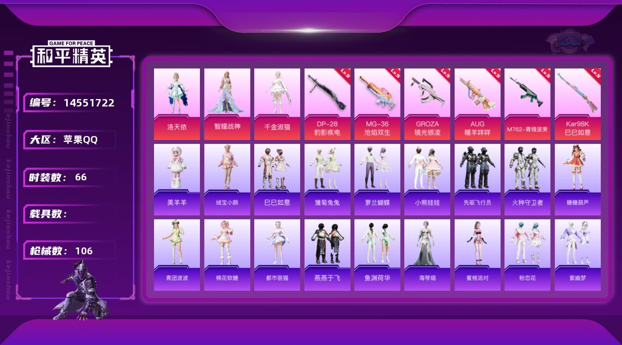 和平精英账号苹果QQ[14551722]可二次【店主推荐捡漏号！可直接换绑】/地铁满天赋 苹果 手Q-3粉装-6特效枪-4粉色飞行器-3.6w热力值-6王牌印记-66套装-106枪皮【粉色套装】：角色-洛天依，角色-千金