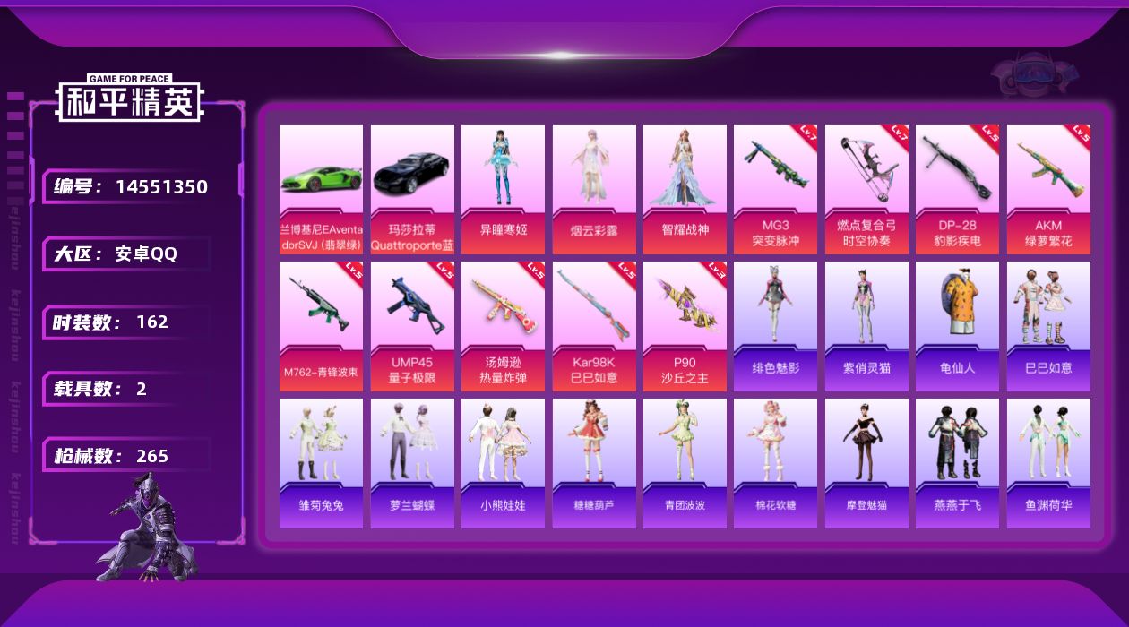 和平精英账号安卓QQ[14551350]【店主推荐捡漏号！可直接换绑】/素材身法号 安卓 手Q-3粉装-10特效枪-2载具-3粉色飞行器-7.8w热力值-14王牌印记-162套装-265枪皮【热门品类】：套装-龟仙人【粉
