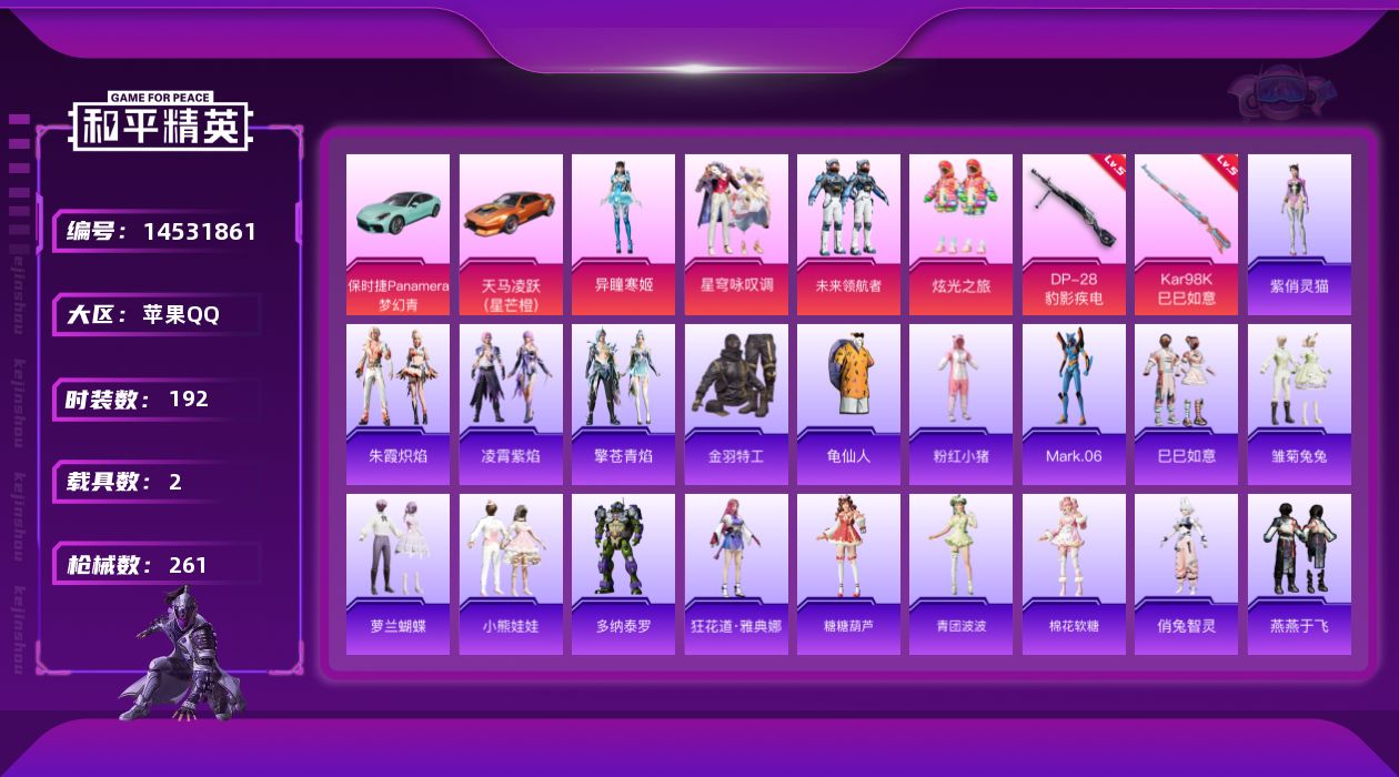 和平精英账号苹果QQ[14531861]地铁满天赋【店主推荐捡漏号！可直接换绑】苹果 手Q-4粉装-2特效枪-2载具-7粉色飞行器-79730热力值-18王牌印记-192套装-261枪皮【热门品类】：套装-金羽特工，套装