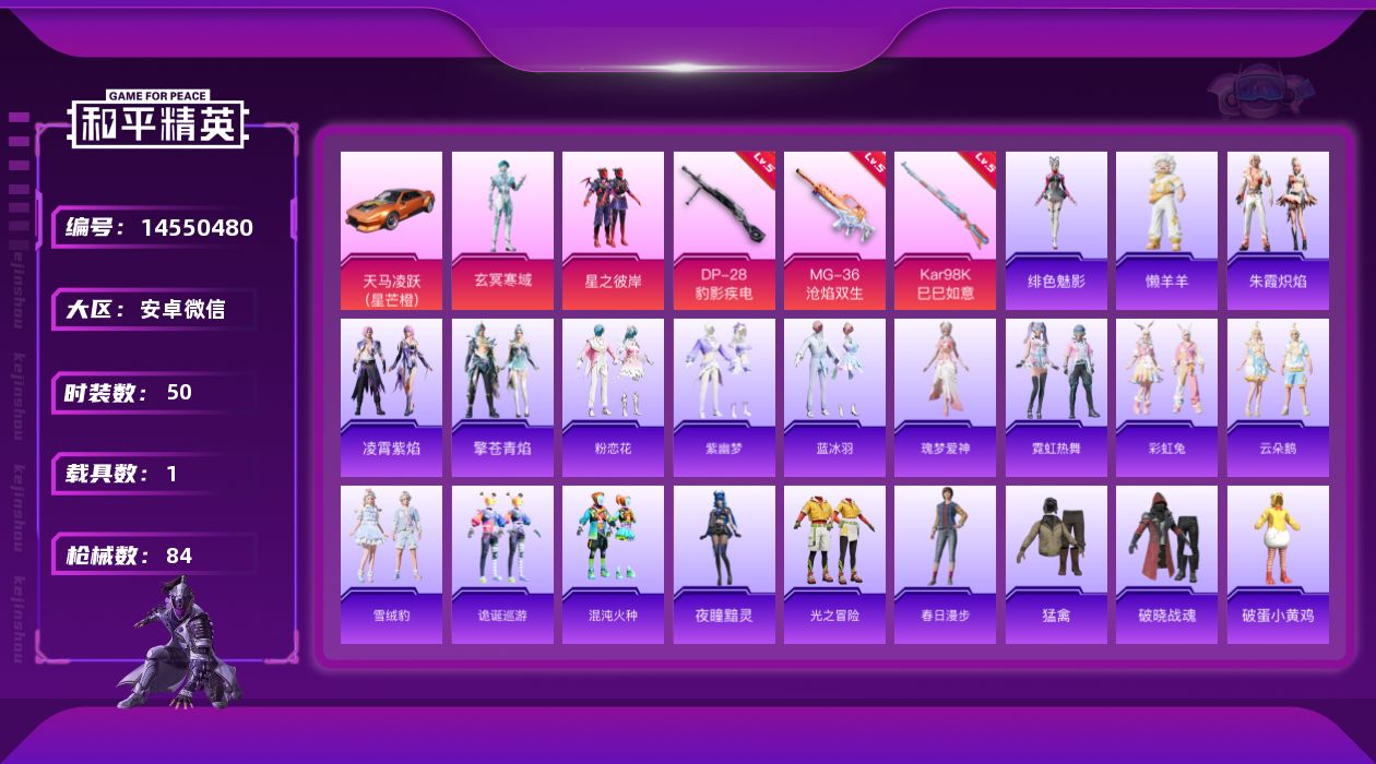 和平精英账号安卓微信[14550480]DAS7722 包人脸  安卓V-1稀有1载具2粉装3特效枪1热门50套装84枪皮 23316热力值 4印记 历史卓越王牌9星 奇异狩猎者
【1稀有】 奇异狩猎者 
【1载具】 天