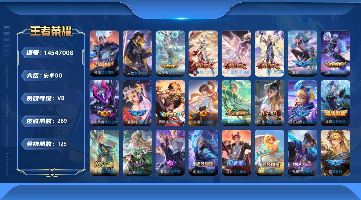 王者荣耀账号安卓QQ[14547008]实名: 可修改 贵族等级: V8 英雄数: 125 皮肤数: 269 荣耀水晶: