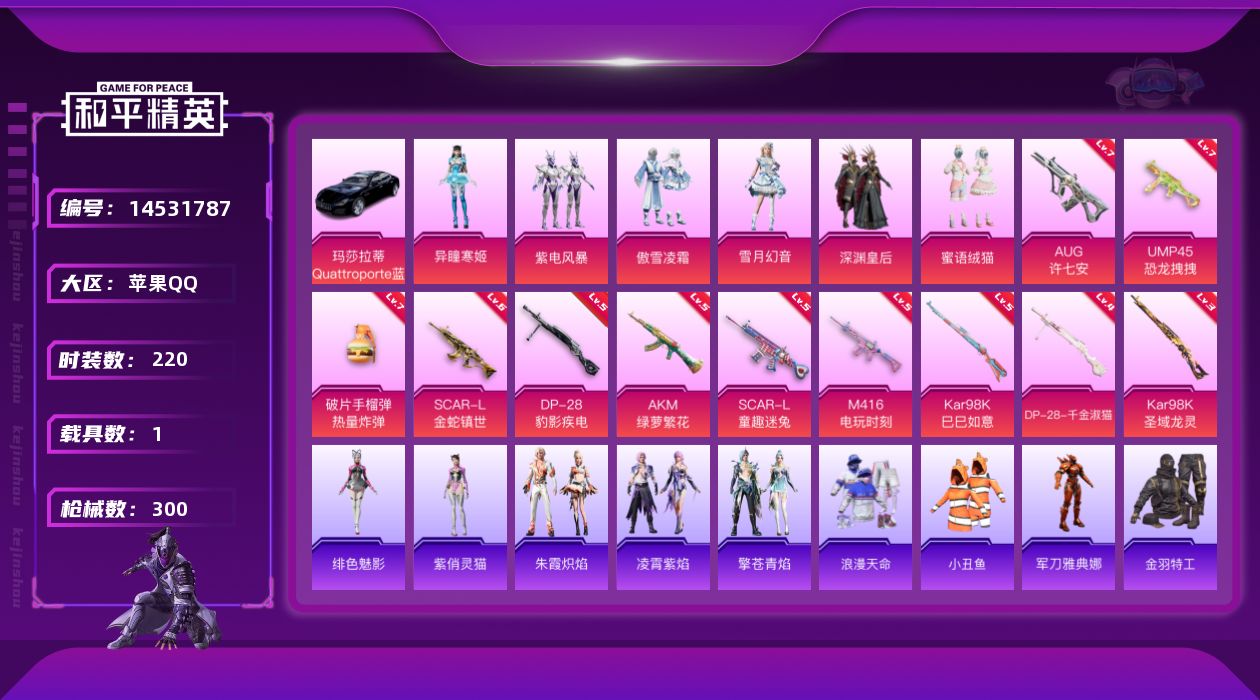 和平精英账号苹果QQ[14531787]【地铁满天赋店主推荐捡漏号！可直接换绑】苹果 手Q-7粉装-12特效枪-1载具-8粉色飞行器-101382热力值-15王牌印记-220套装-300枪皮【热门品类】：粉装-梦幻火箭，