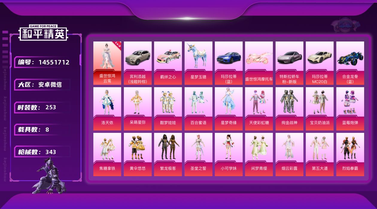 和平精英账号安卓微信[14551712]素材身法号/无敌战神框2/绝世印记9 安卓 微信-无敌战神框-1神装-23粉装-17特效枪-8载具-11粉色飞行器-14.1w热力值-23王牌印记-253套装-343枪皮【红色神装