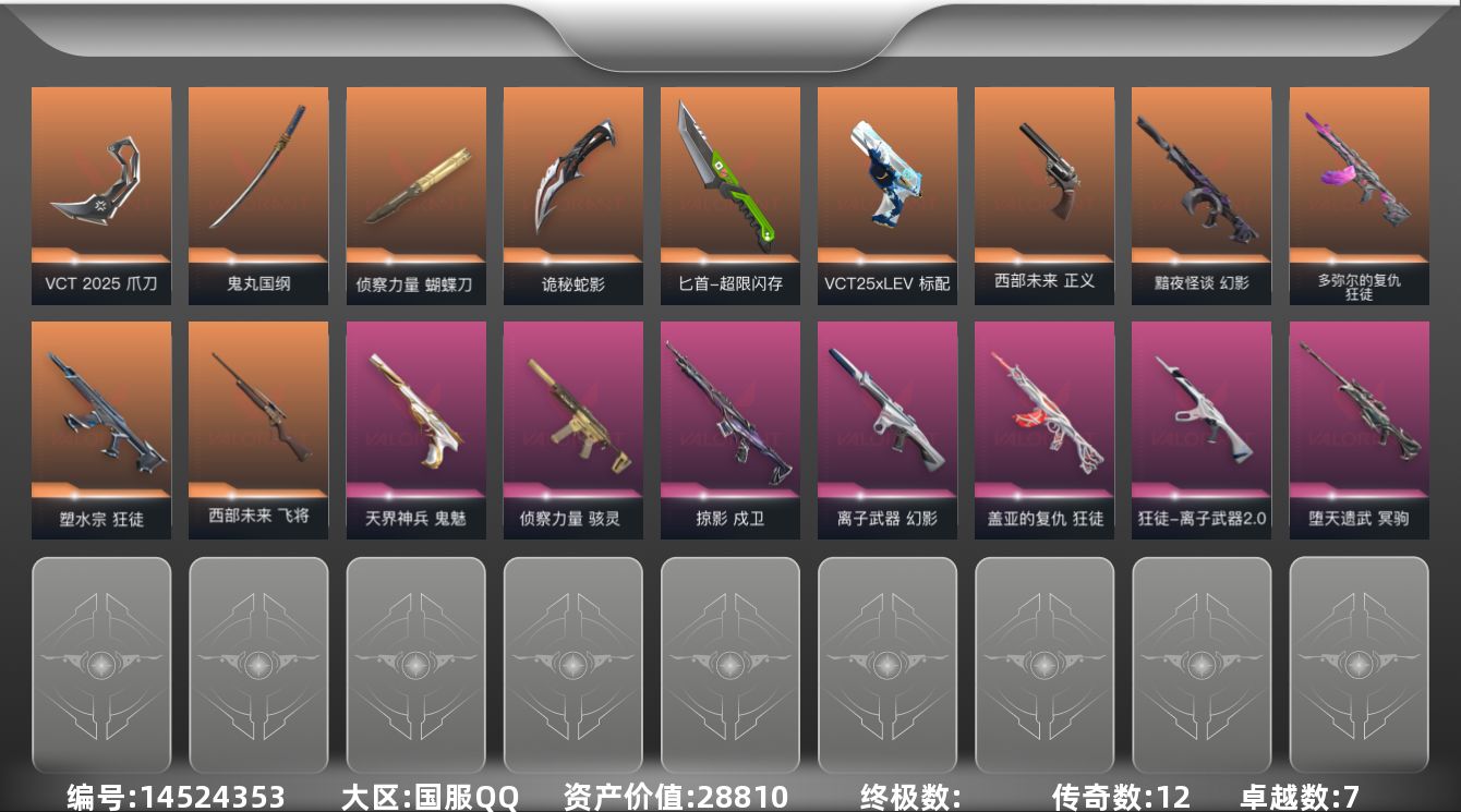 无畏契约账号QQ12橙皮 7紫皮 57皮肤 28英雄 92卡面 825已用源晶 青铜段位 
【套装】:VCN2025