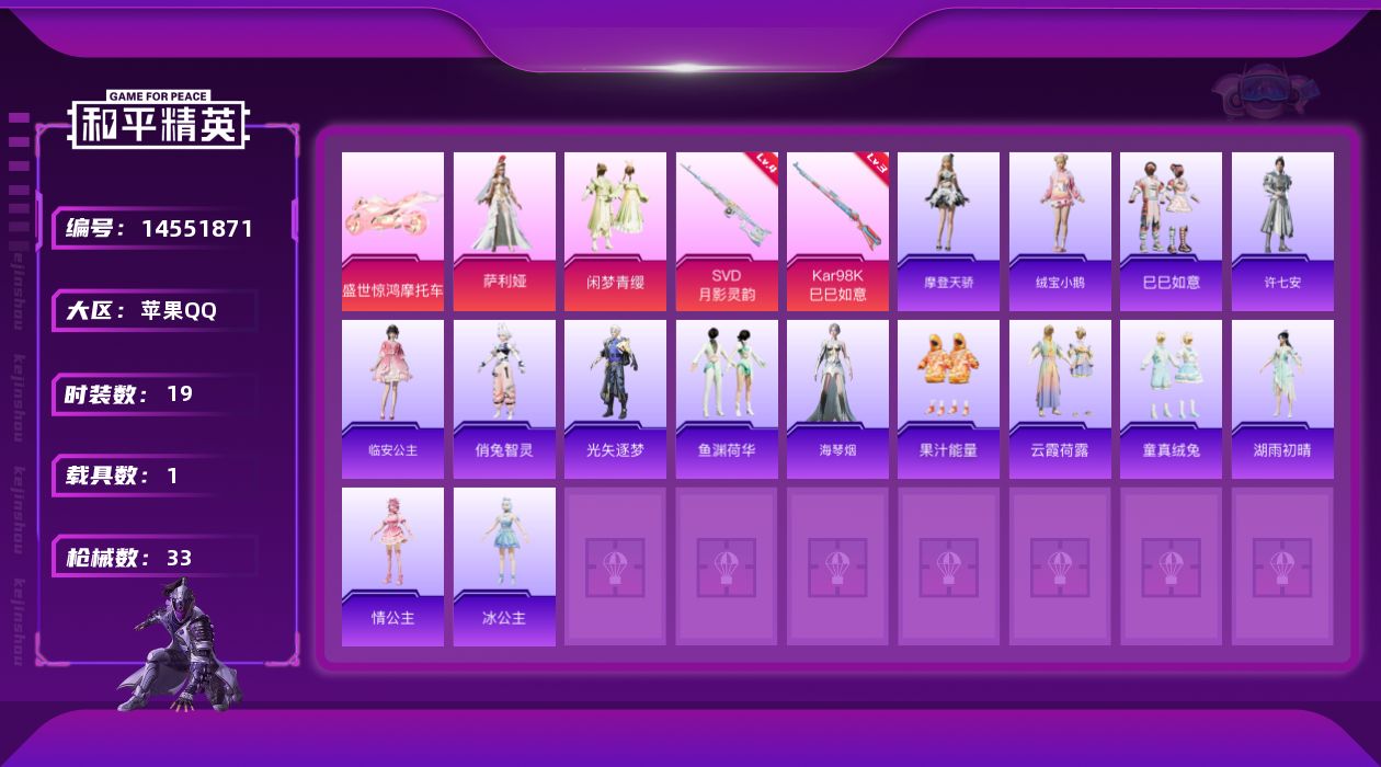 和平精英账号苹果QQ[14551871]【暑期末清货/特价急出/永久包赔】：苹果 手Q-2粉装-2特效枪-1载具-1.1w热力值-0印记-19套装-33枪皮【稀有载具】：盛世惊鸿摩托车【特效枪等级】：Kar98K-巳巳如